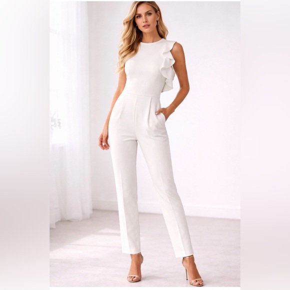 Black Halo Women's White One-Shoulder Ruffle Jumpsuit Size 8